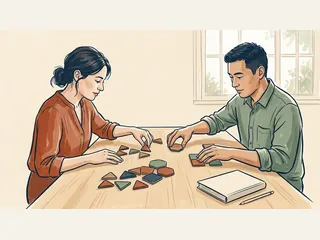Dos personas agrupan fichas geométricas sobre una mesa de aprendizaje.