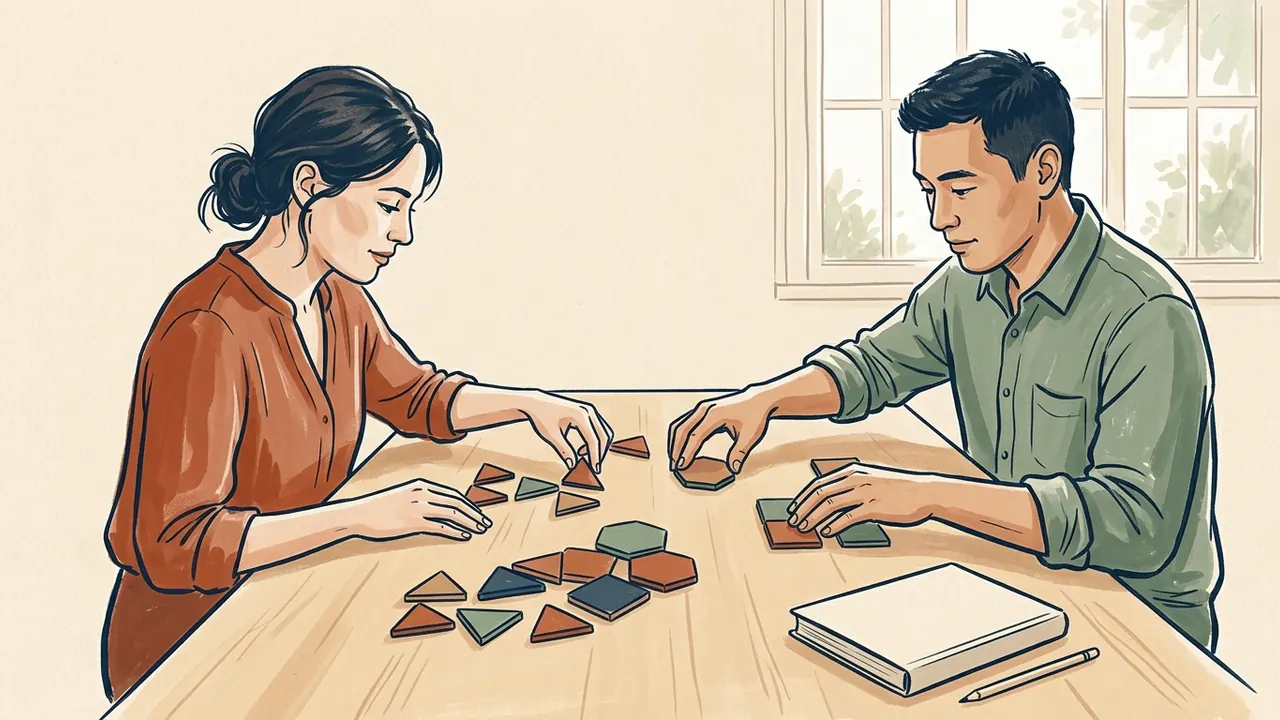 Dos personas agrupan fichas geométricas sobre una mesa de aprendizaje.