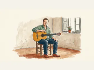 Músico sentado con una guitarra clásica sobre una pierna junto a una ventana.
