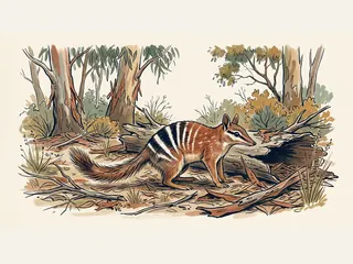 Un numbat de cuerpo entero junto a un tronco en un bosque seco australiano.