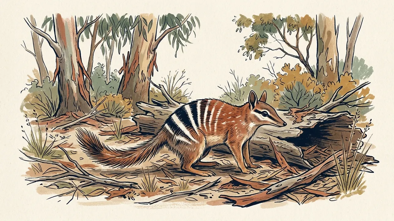 Un numbat de cuerpo entero junto a un tronco en un bosque seco australiano.