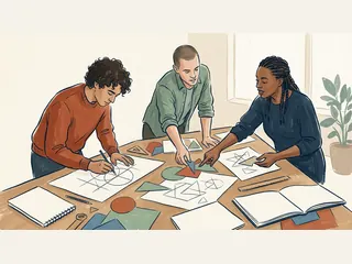 Tres personas comparten dibujos geométricos y papeles de colores en una mesa de taller.