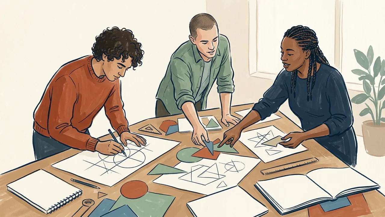Tres personas comparten dibujos geométricos y papeles de colores en una mesa de taller.