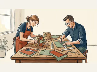 Dos personas adultas construyen figuras geométricas de cartón en una mesa de taller.