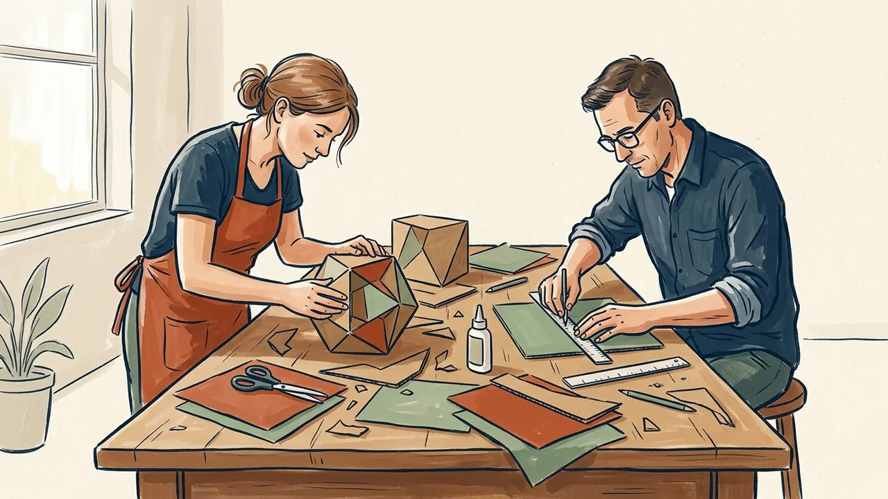 Dos personas adultas construyen figuras geométricas de cartón en una mesa de taller.
