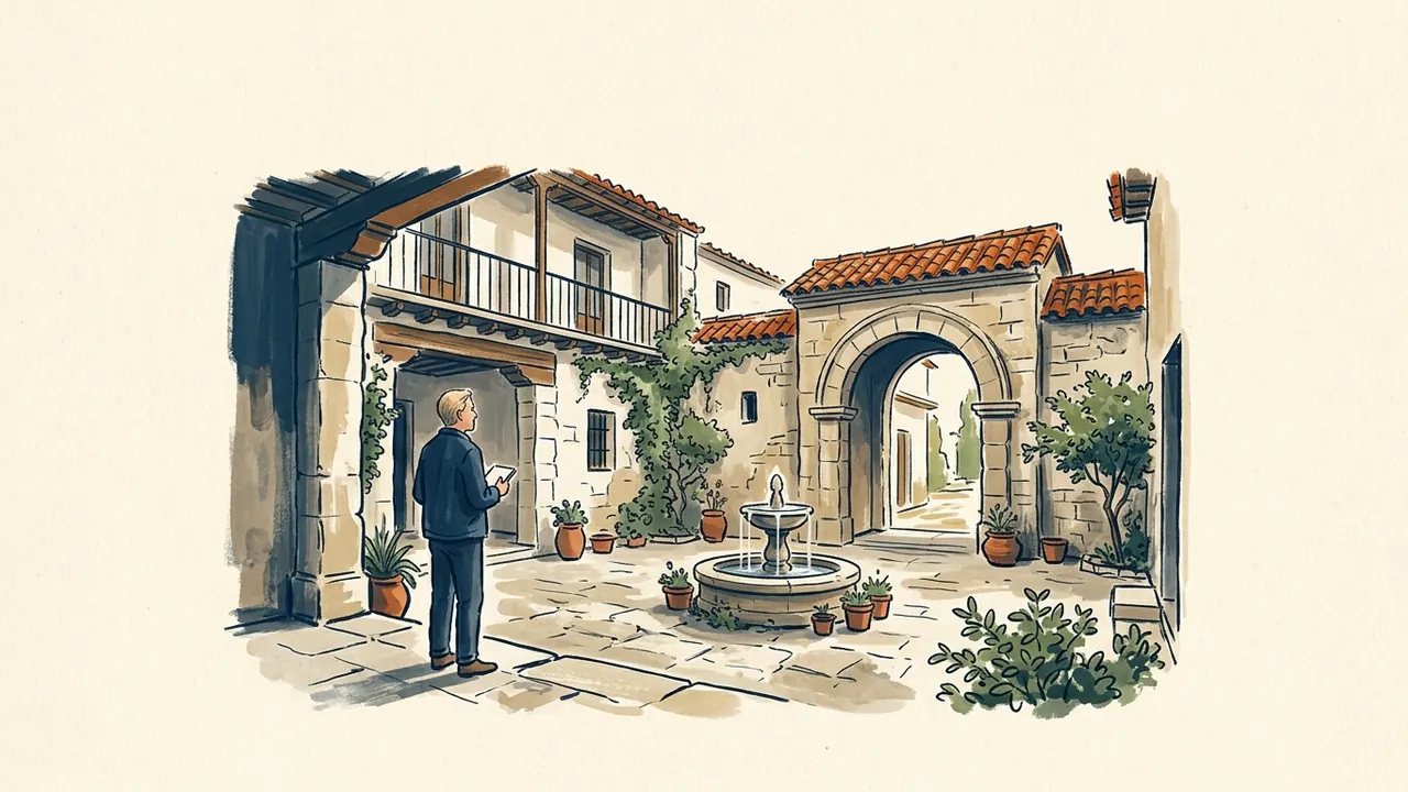 Persona observando un patio de piedra con una fuente y un arco.