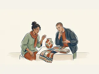 Dos personas observan una vasija y un tejido de formas geométricas sobre una mesa.
