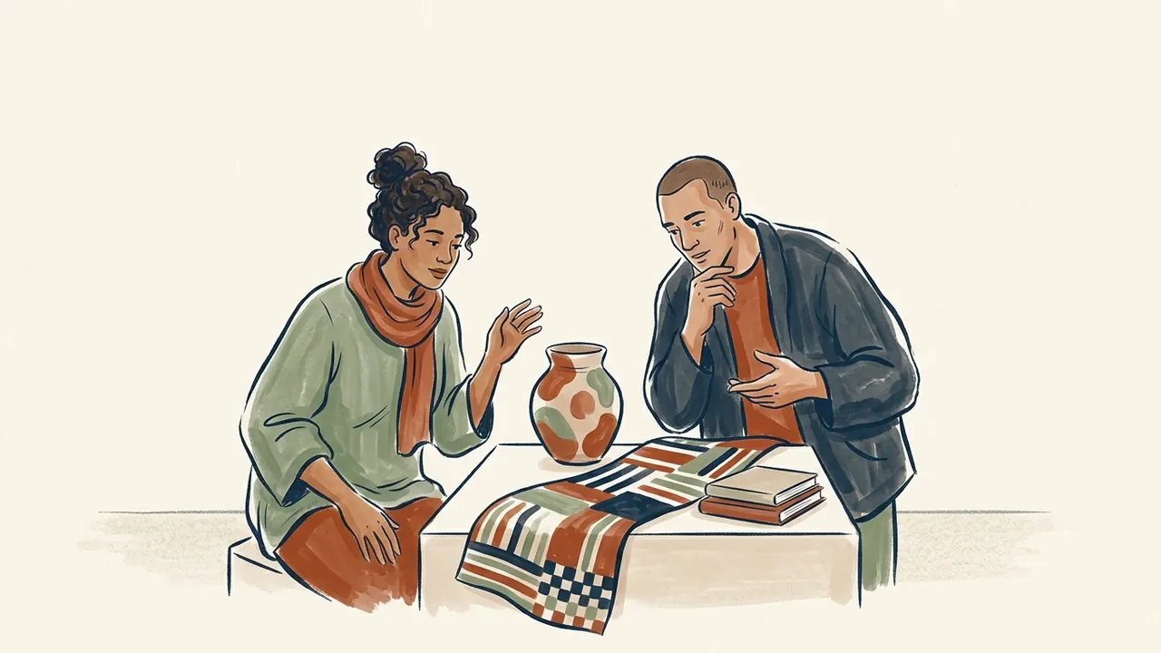 Dos personas observan una vasija y un tejido de formas geométricas sobre una mesa.
