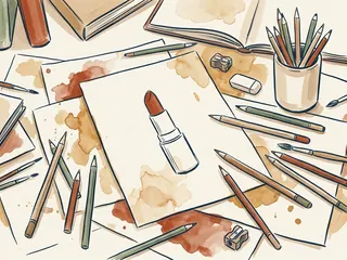 Lápices y papeles de colores rodean un dibujo de un pintalabios sin marca.