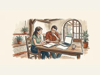 Dos adultos revisando un proyecto con un portátil y un cuaderno.