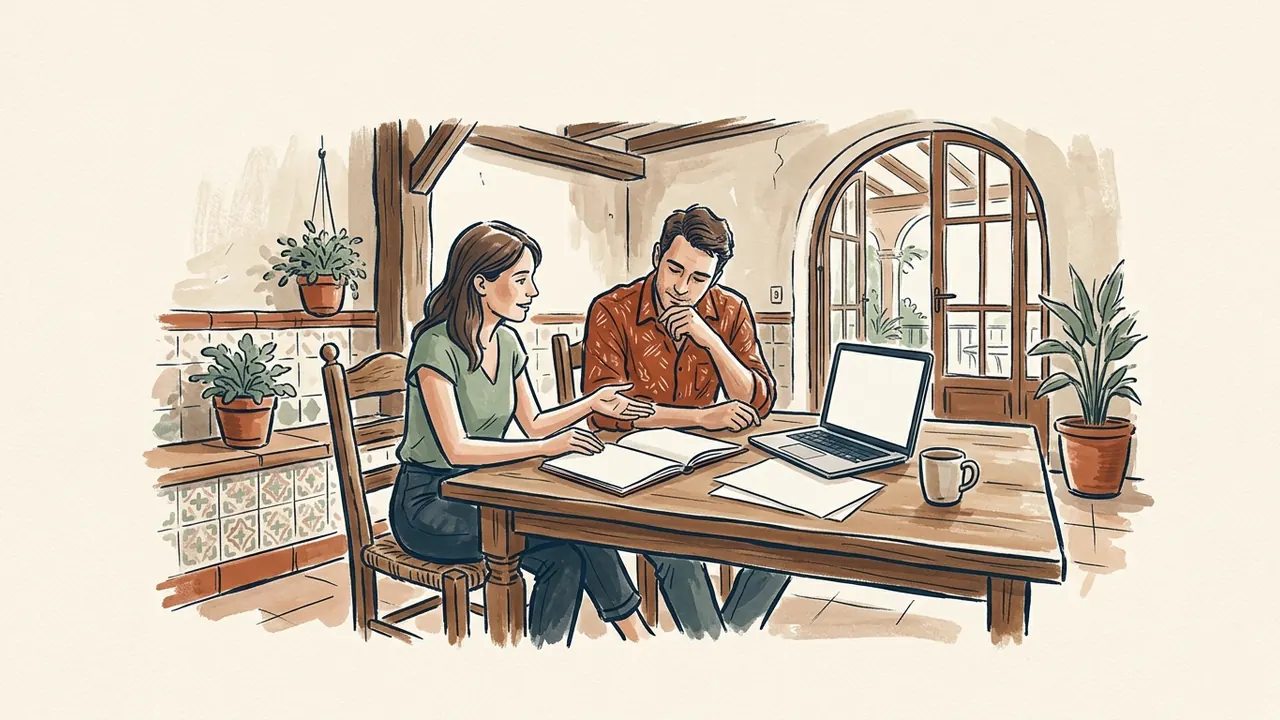 Dos adultos revisando un proyecto con un portátil y un cuaderno.