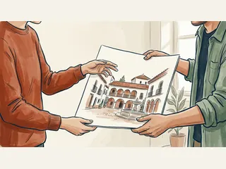Dos personas consultan una lámina con una plaza andaluza imaginaria.