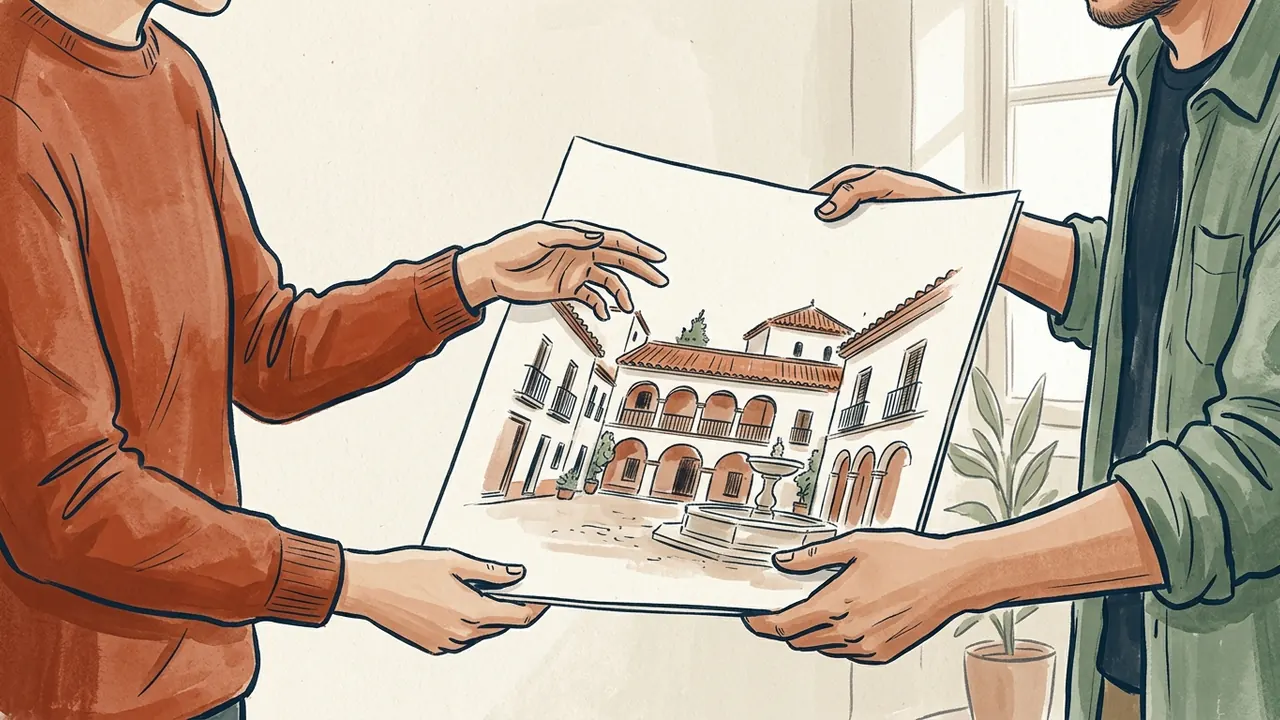 Dos personas consultan una lámina con una plaza andaluza imaginaria.