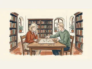 Dos adultos jugando con un tablero cuadriculado y fichas lisas en una biblioteca.