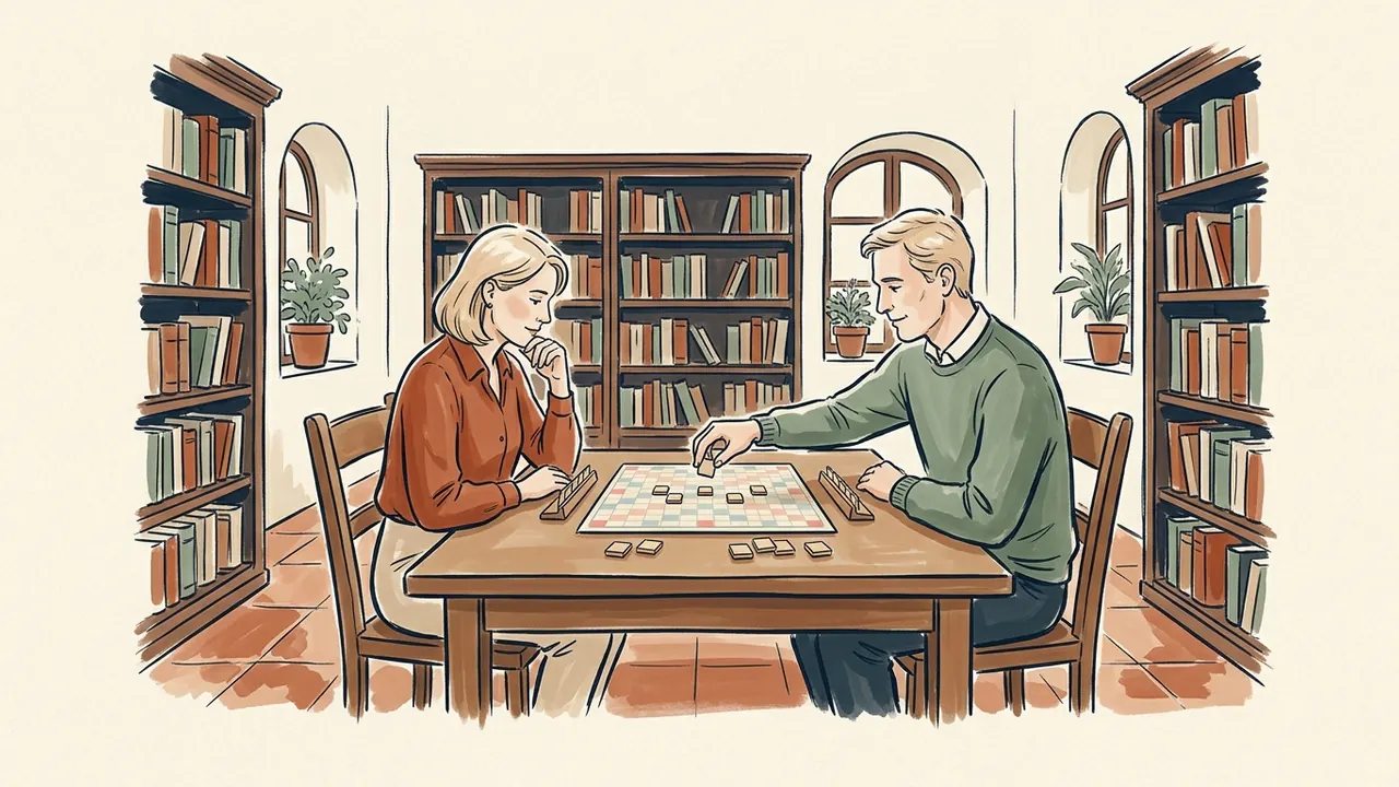 Dos adultos jugando con un tablero cuadriculado y fichas lisas en una biblioteca.