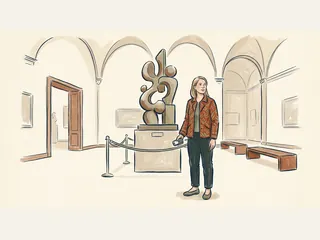 Visitante con un dispositivo de fotografía en la mano junto a una escultura abstracta en un museo.