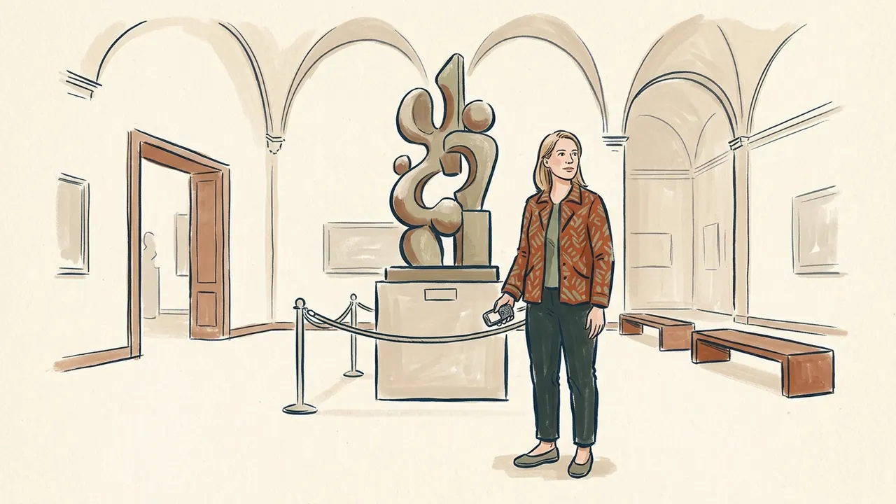 Visitante con un dispositivo de fotografía en la mano junto a una escultura abstracta en un museo.
