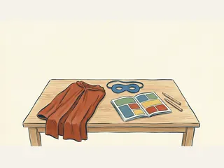 Capa, antifaz y cuaderno con viñetas vacías sobre una mesa, junto a dos lápices.