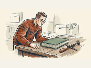 Una persona adulta observa una herramienta manual y un libro cerrado en una mesa de archivo.