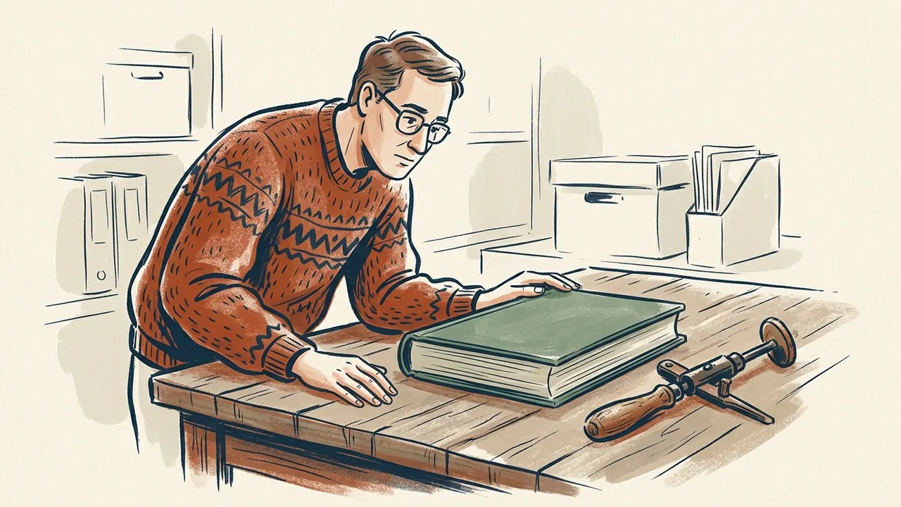 Una persona adulta observa una herramienta manual y un libro cerrado en una mesa de archivo.