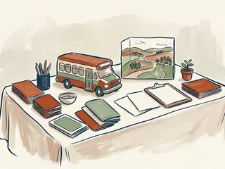 Maqueta de un autobús y dibujo de un paisaje rural sobre una mesa con materiales lisos.