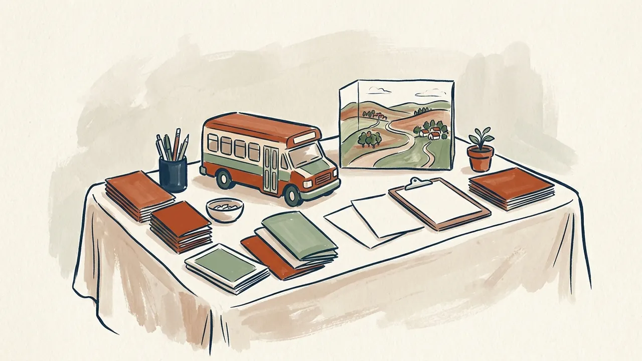 Maqueta de un autobús y dibujo de un paisaje rural sobre una mesa con materiales lisos.
