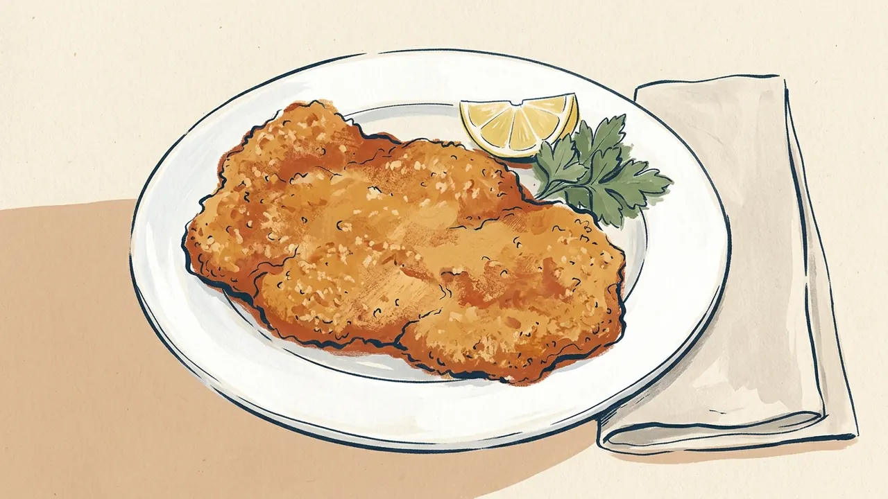 Un filete empanado dorado servido con limón y perejil en un plato de cerámica.
