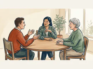 Tres personas adultas conversan alrededor de una mesa vacía en una sala luminosa.