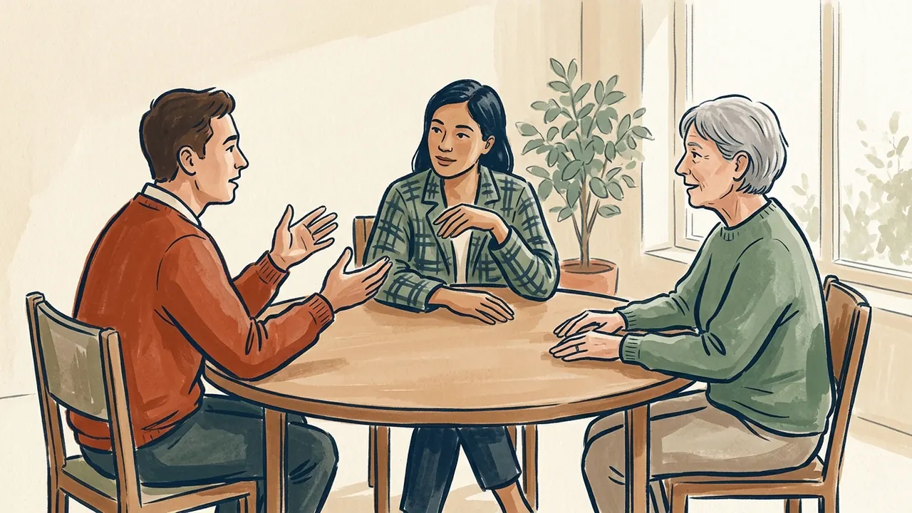 Tres personas adultas conversan alrededor de una mesa vacía en una sala luminosa.