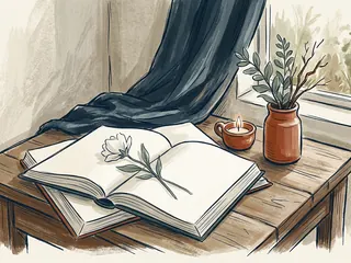 Libro abierto con una flor blanca en un rincón de memoria imaginario.