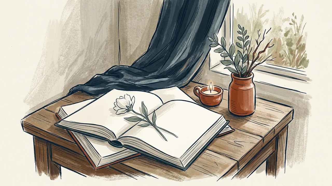 Libro abierto con una flor blanca en un rincón de memoria imaginario.