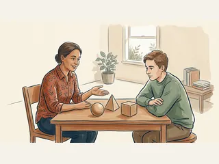 Una persona adulta presenta una esfera, una pirámide y un cubo de madera a otra persona.