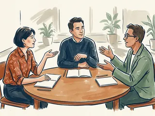 Tres personas conversan alrededor de una mesa redonda con cuadernos abiertos.