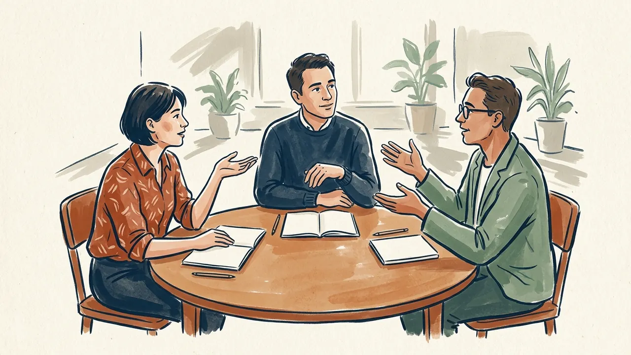 Tres personas conversan alrededor de una mesa redonda con cuadernos abiertos.