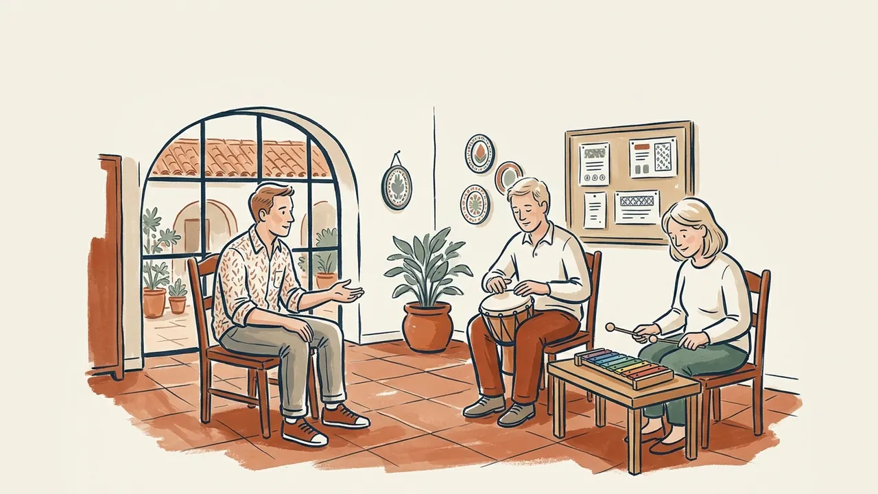 Tres adultos comparten una actividad musical con tambor y xilófono.