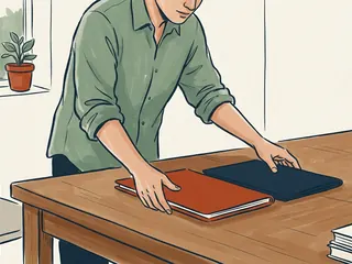 Detalle de una persona organizando dos carpetas cerradas sobre una mesa.