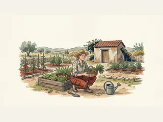Agricultora con una cesta de verduras junto a bancales de una huerta.