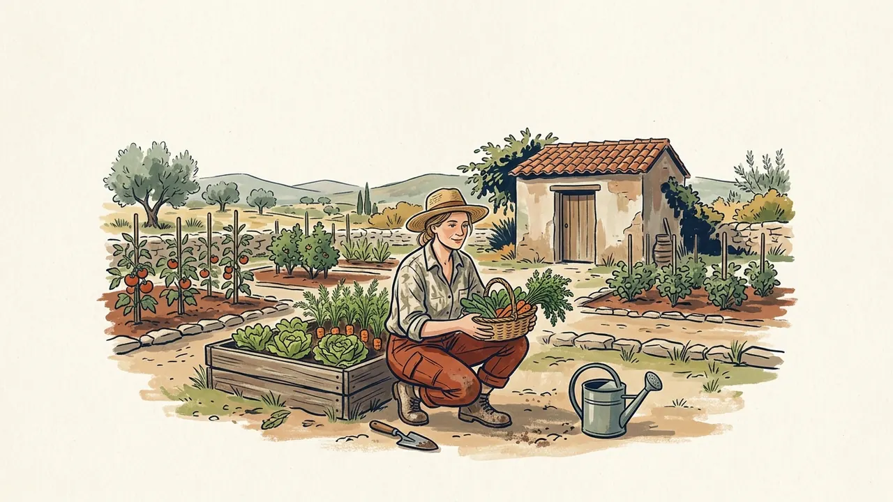 Agricultora con una cesta de verduras junto a bancales de una huerta.