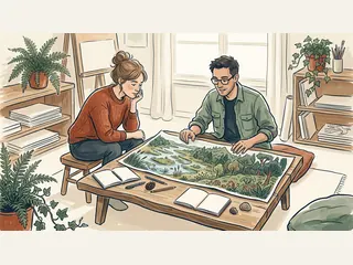 Dos personas observan una ilustración de un humedal y un bosque sobre una mesa.