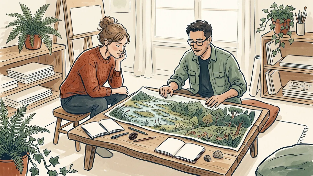Dos personas observan una ilustración de un humedal y un bosque sobre una mesa.