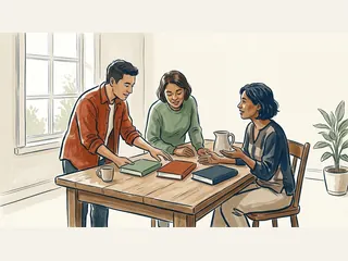 Tres personas conversan junto a tres libros cerrados de cubiertas lisas sobre una mesa.