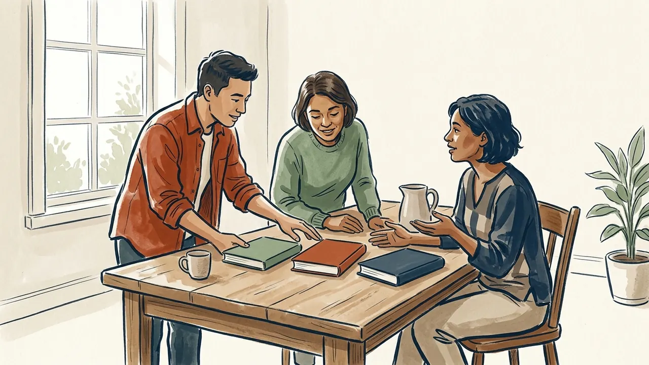 Tres personas conversan junto a tres libros cerrados de cubiertas lisas sobre una mesa.