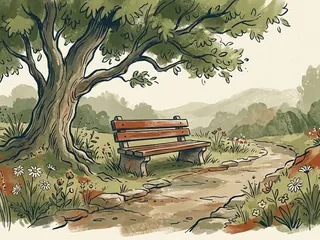 Un banco vacío junto a un árbol y flores en un jardín de memoria ficticio.