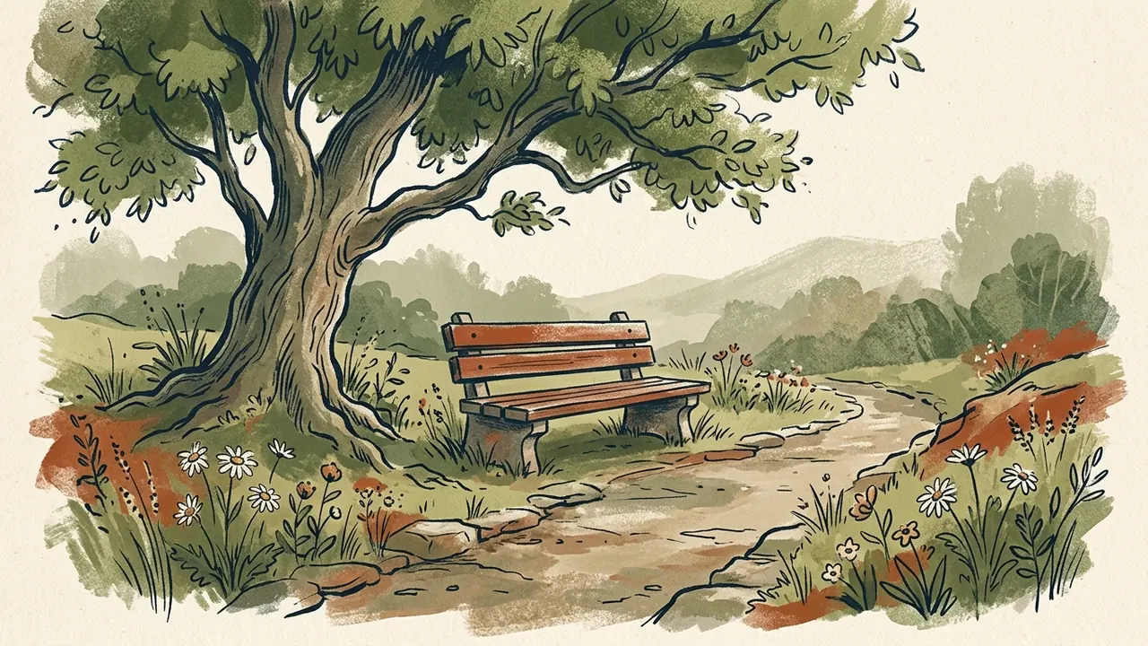 Un banco vacío junto a un árbol y flores en un jardín de memoria ficticio.
