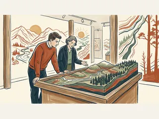 Dos personas contemplan una maqueta con río, bosque y colinas en una exposición.