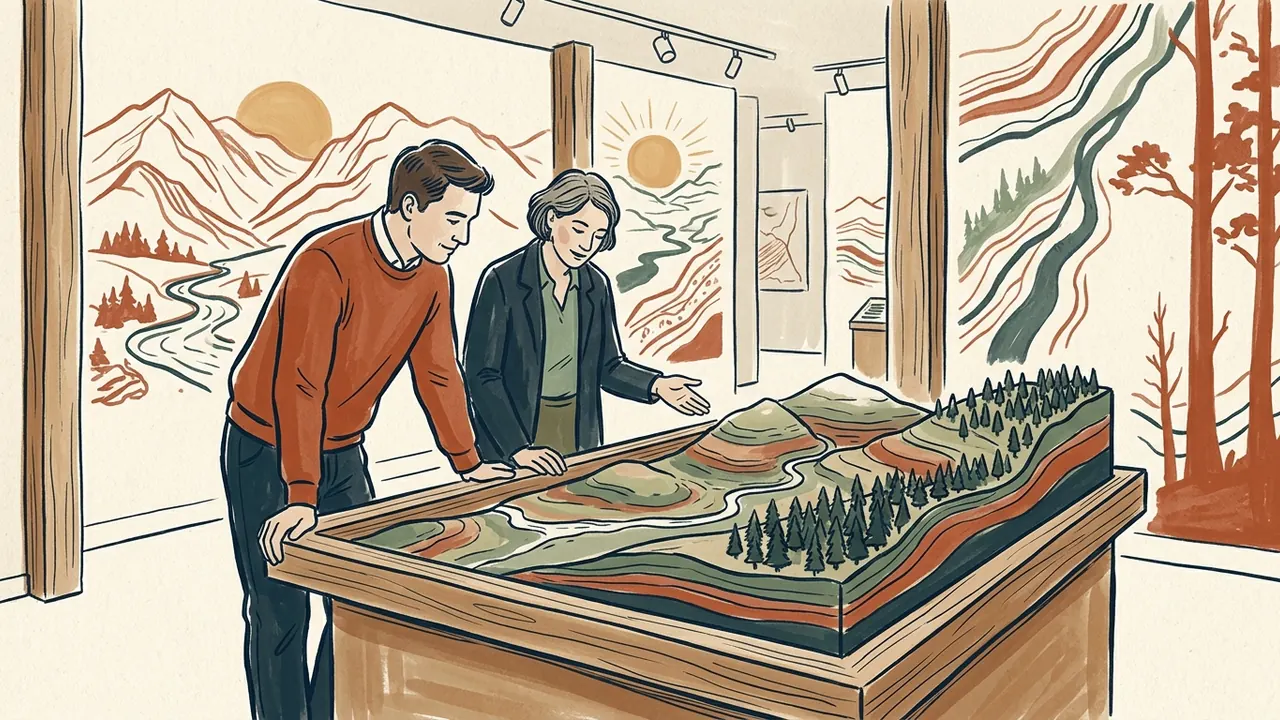 Dos personas contemplan una maqueta con río, bosque y colinas en una exposición.