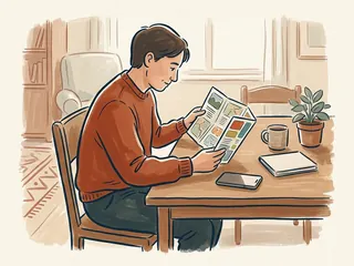 Una persona consulta un folleto ilustrado con un teléfono inactivo sobre la mesa.
