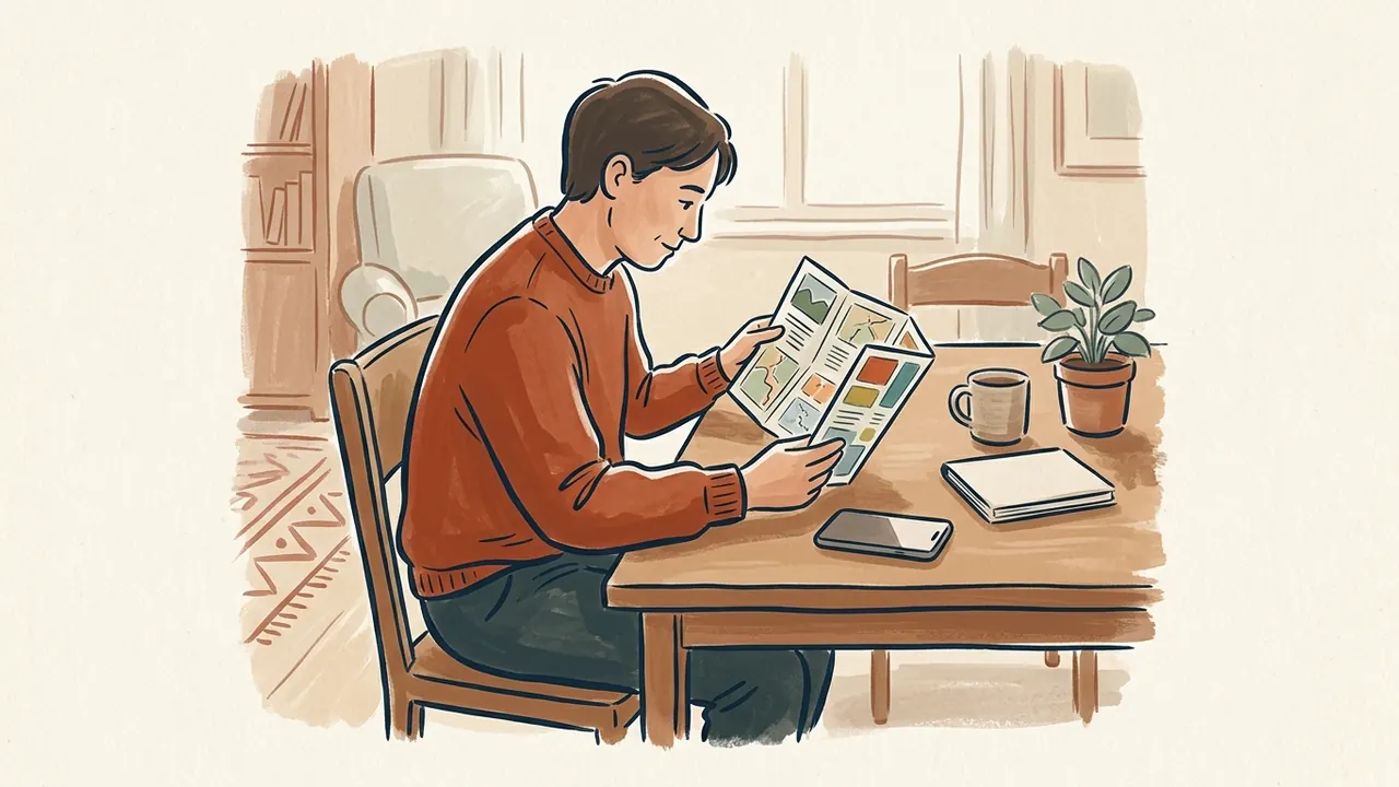 Una persona consulta un folleto ilustrado con un teléfono inactivo sobre la mesa.