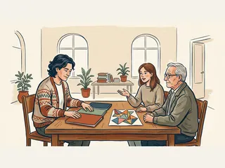 Tres adultos conversan junto a carpetas y una composición de papel de colores.