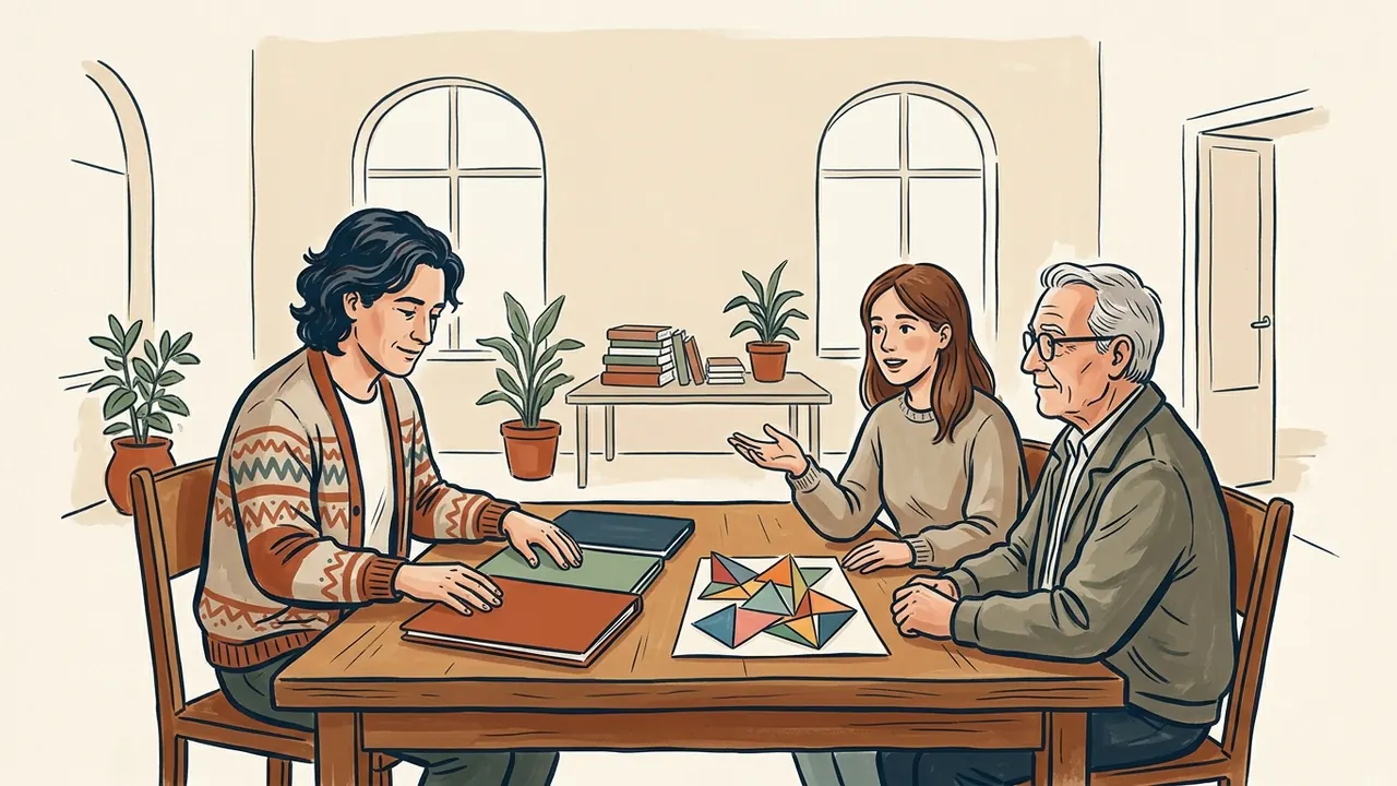 Tres adultos conversan junto a carpetas y una composición de papel de colores.